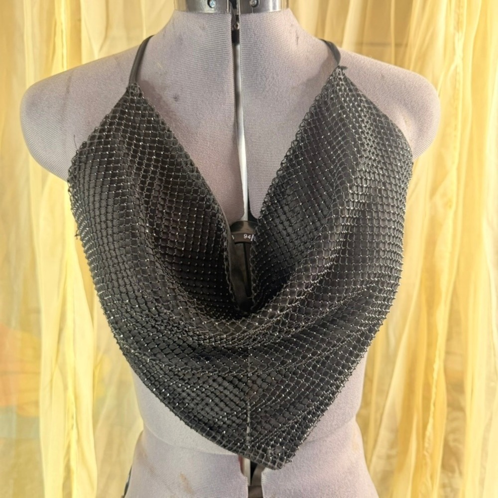 Forever 21 Black Mesh Rhinestone Halter Top Cowl Neck Festival Rave Small